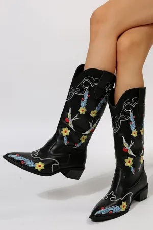 Amozae-Floral Embroidery Square Toe Knee High Boots
