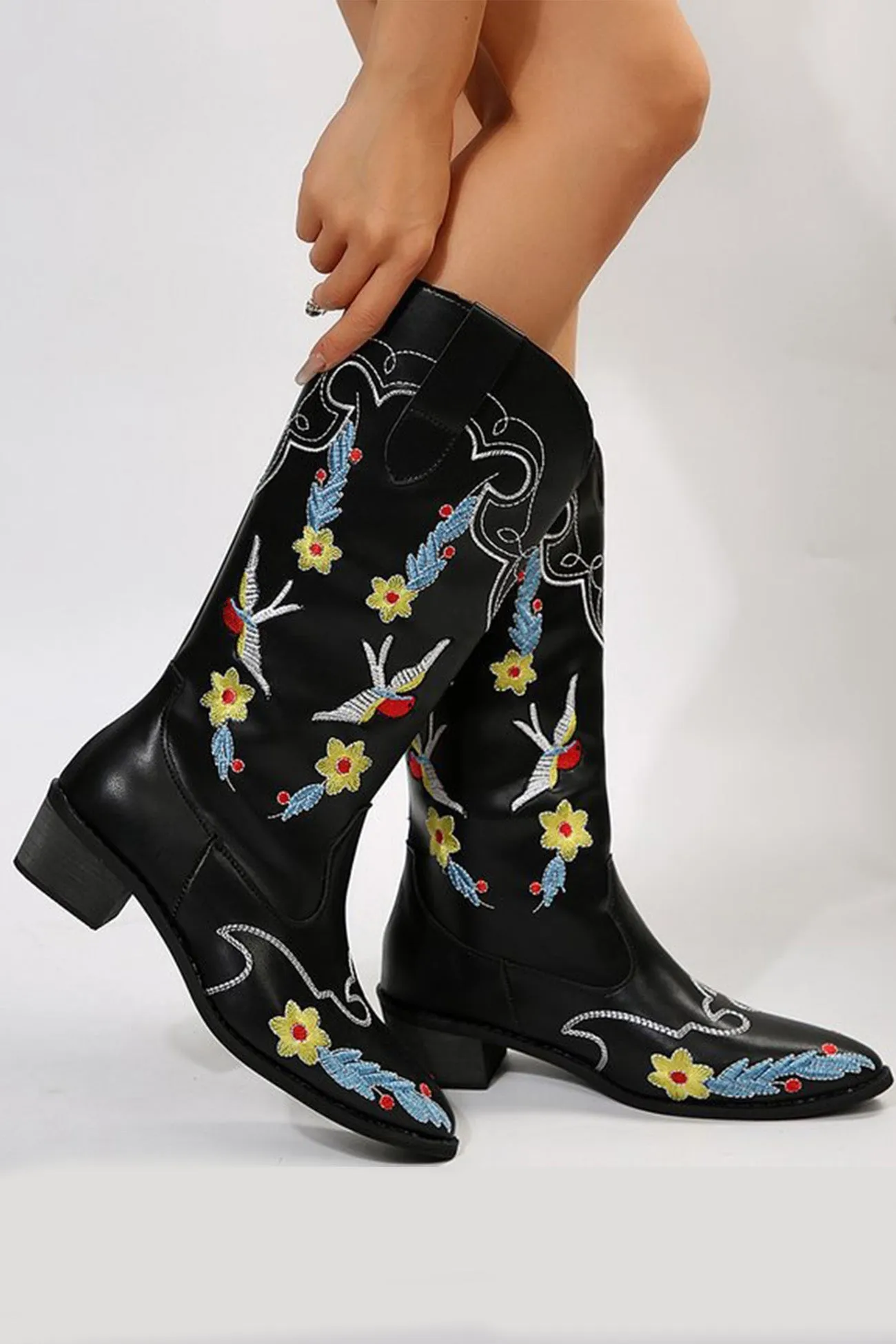 Amozae-Floral Embroidery Square Toe Knee High Boots
