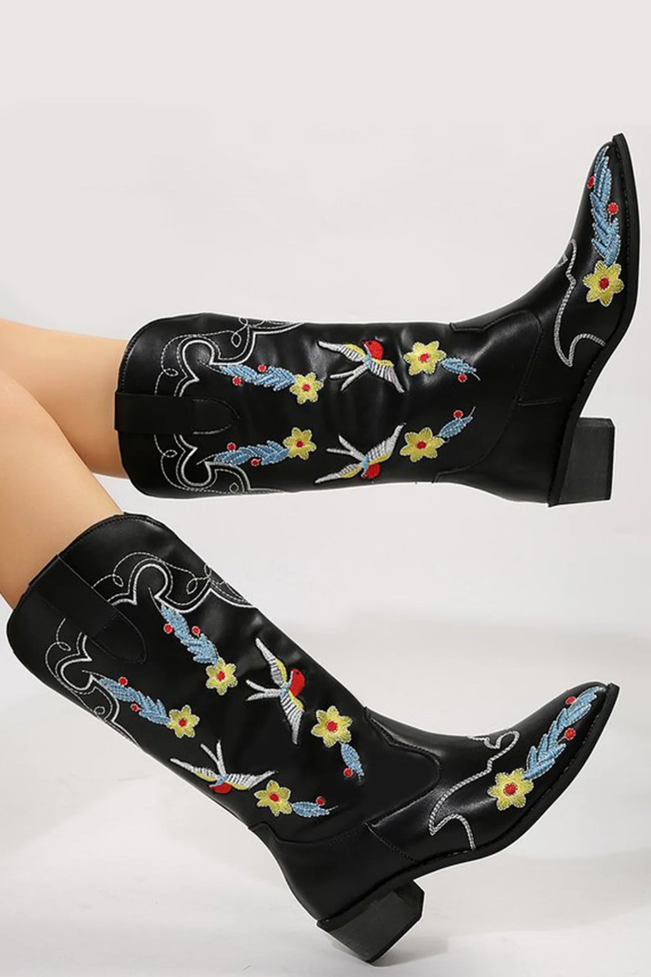 Amozae-Floral Embroidery Square Toe Knee High Boots