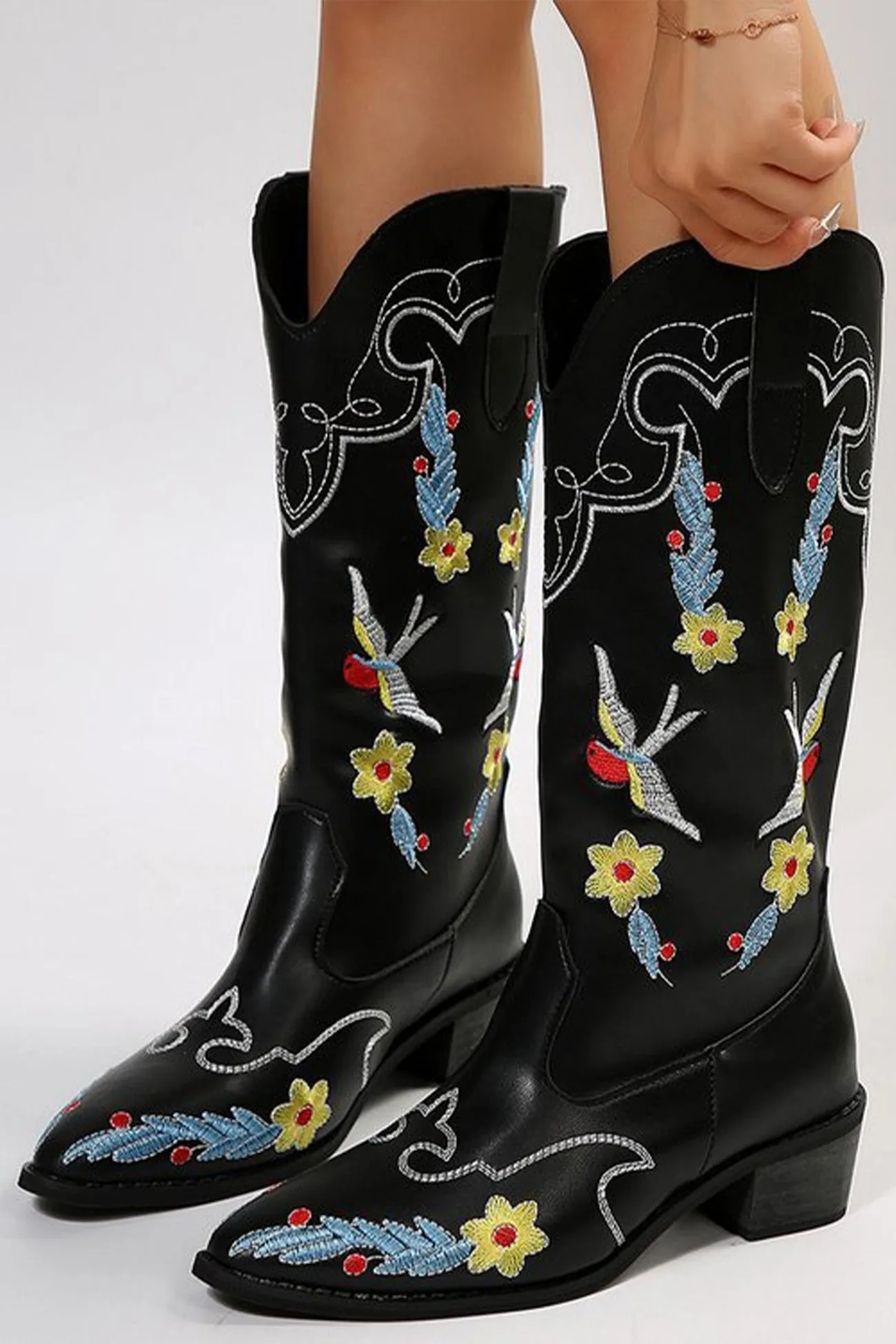 Amozae-Floral Embroidery Square Toe Knee High Boots
