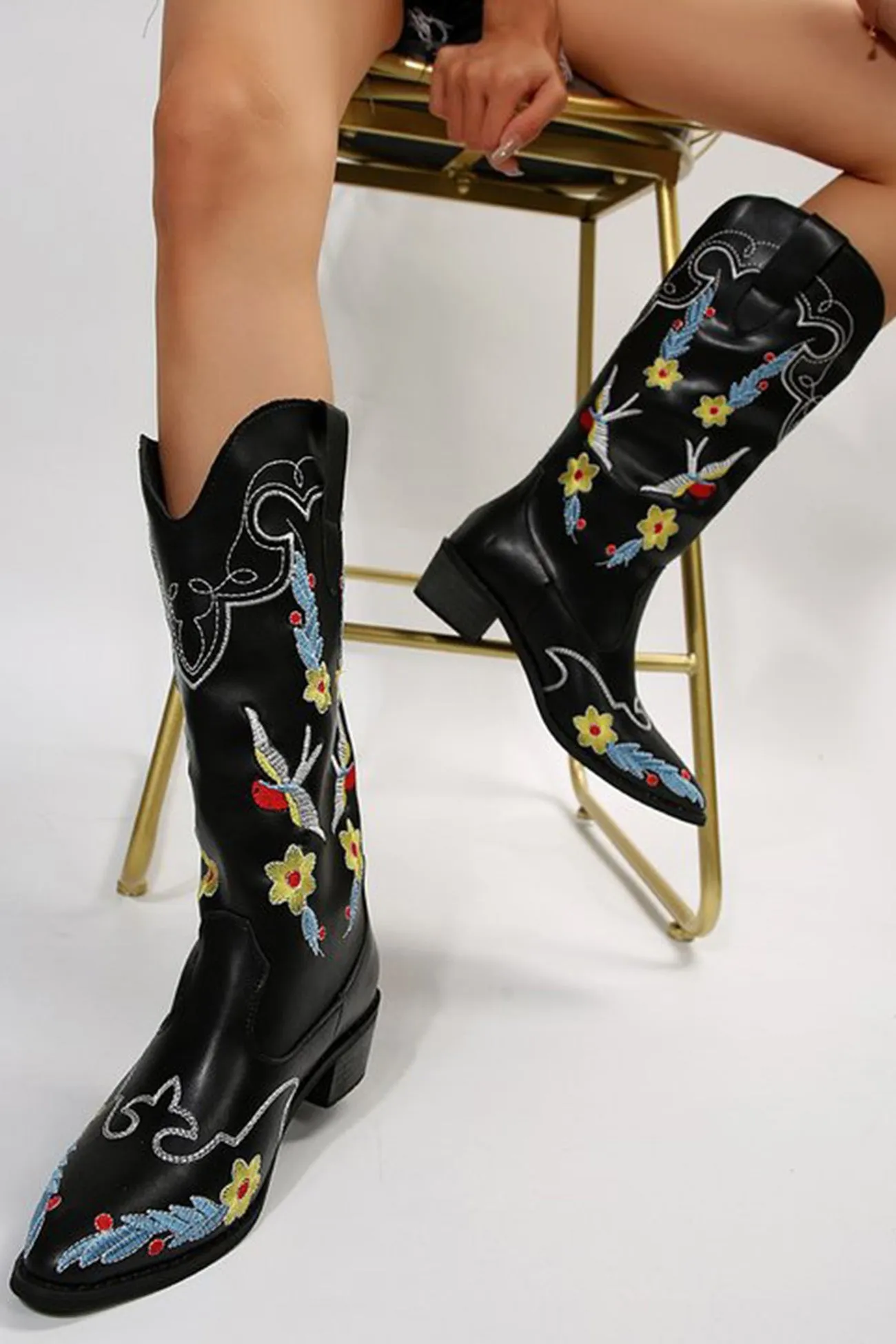 Amozae-Floral Embroidery Square Toe Knee High Boots