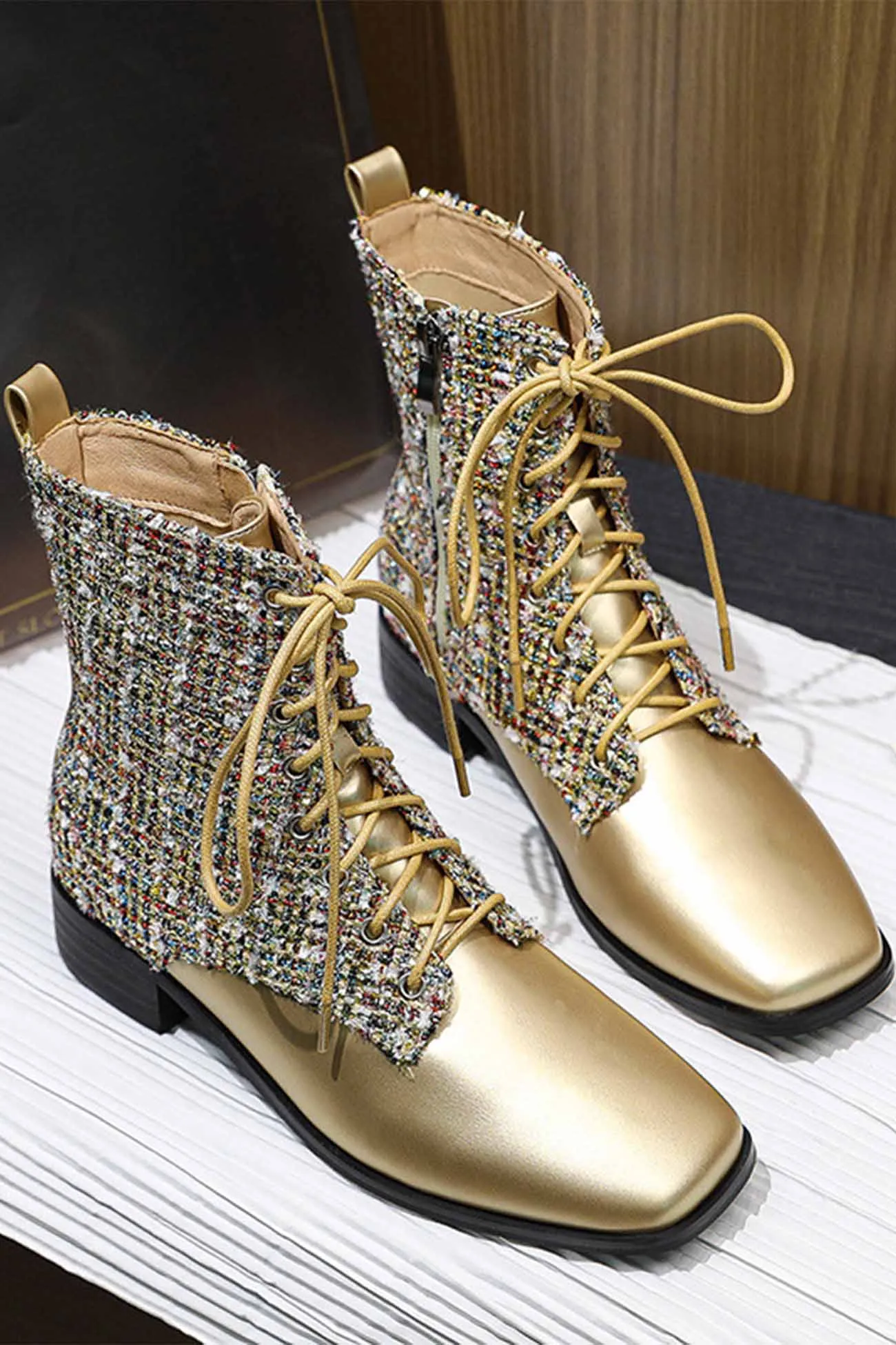 Amozae-Square Toe Plaid Tweed Ankle Boot