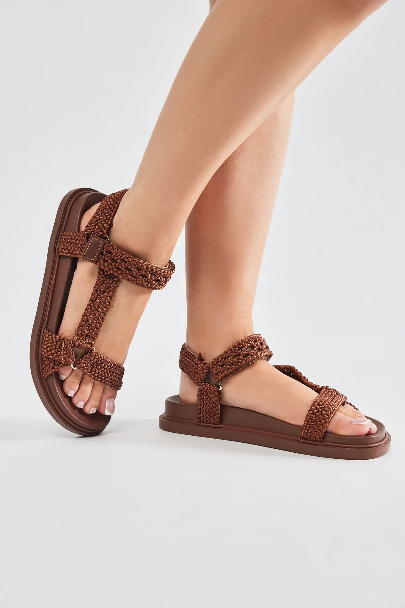 Ava Woven Strappy Flat Sandals - Brown