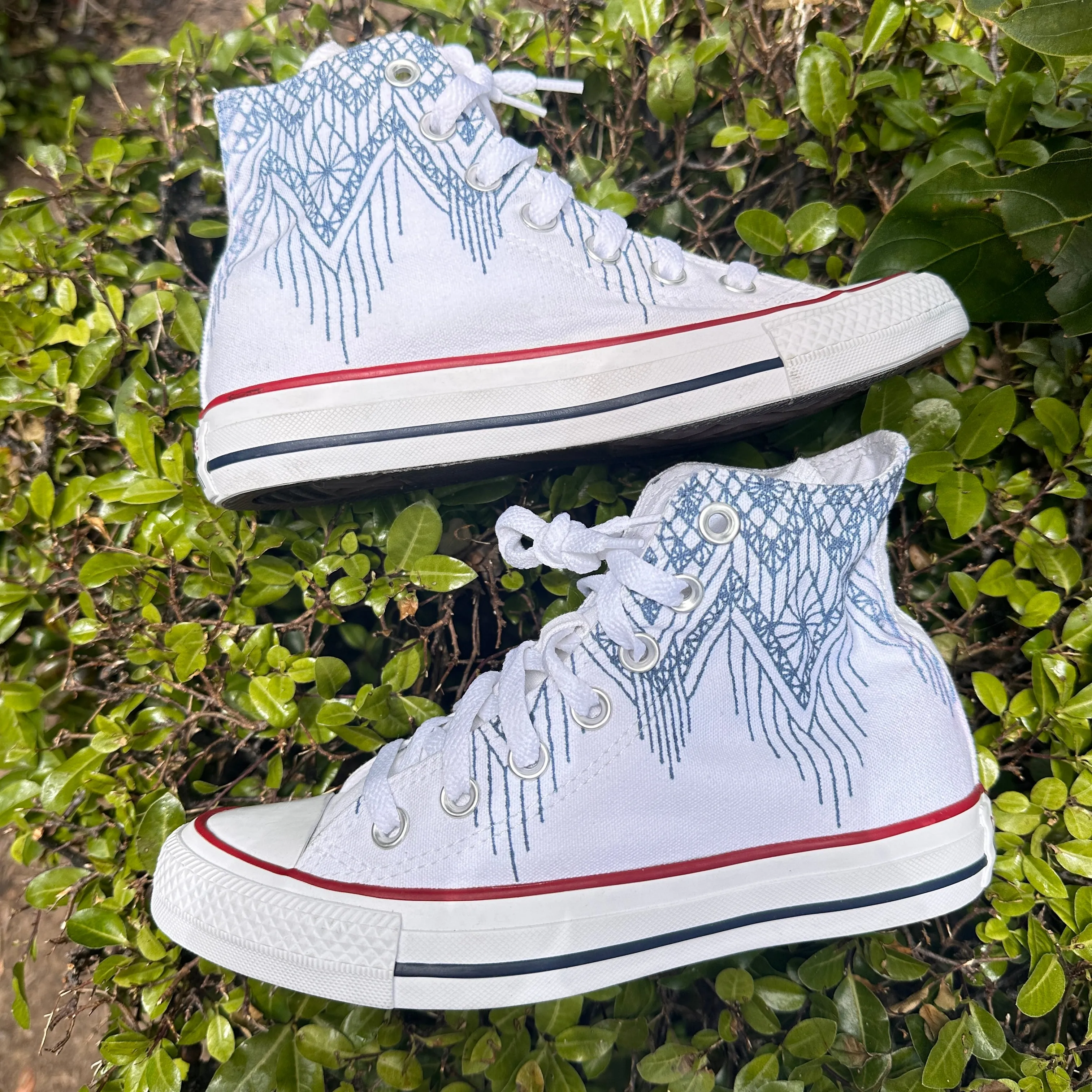 Blue Lace Pattern White High Tops - Casual Comfortable Wedding Shoes - Custom Converse Shoes