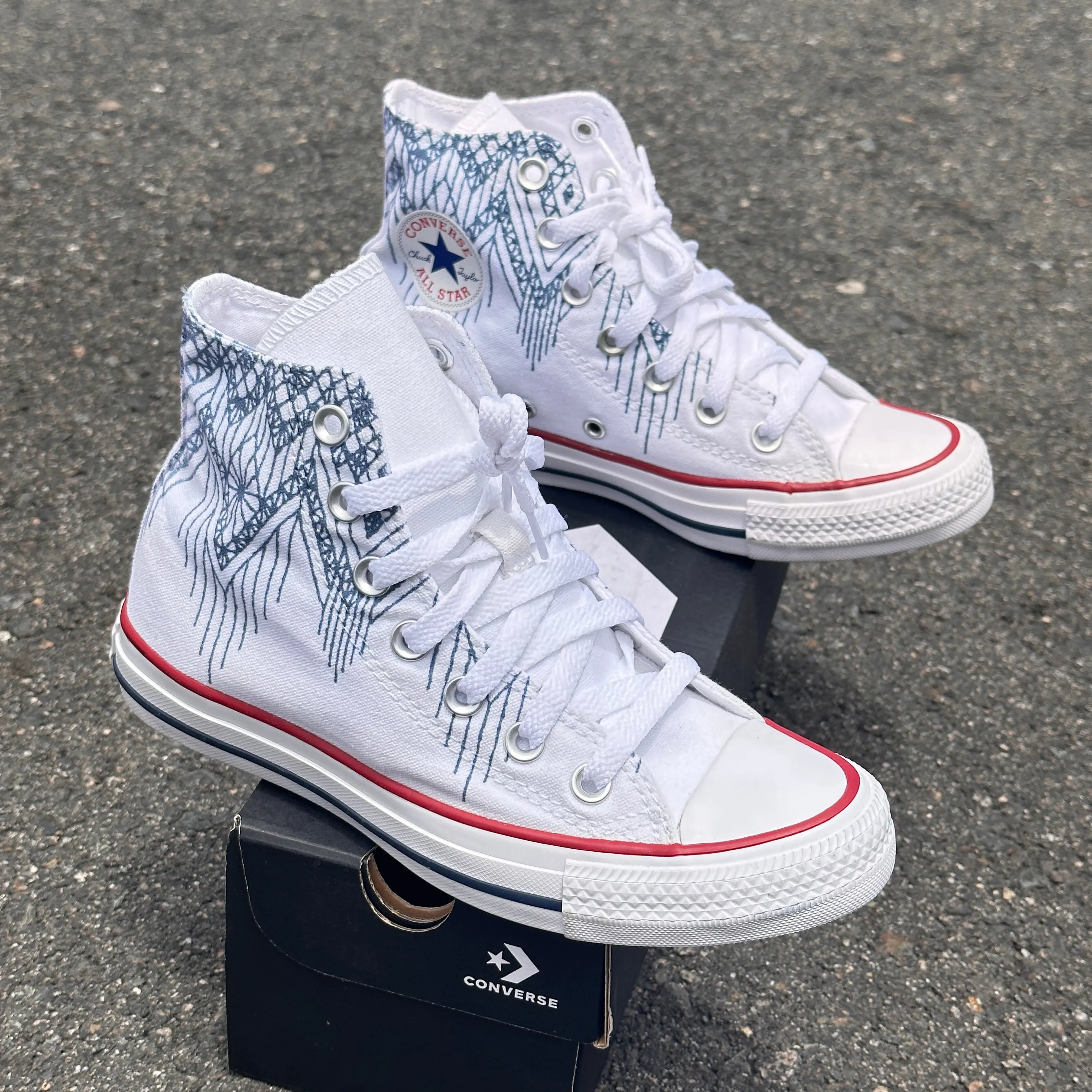 Blue Lace Pattern White High Tops - Casual Comfortable Wedding Shoes - Custom Converse Shoes