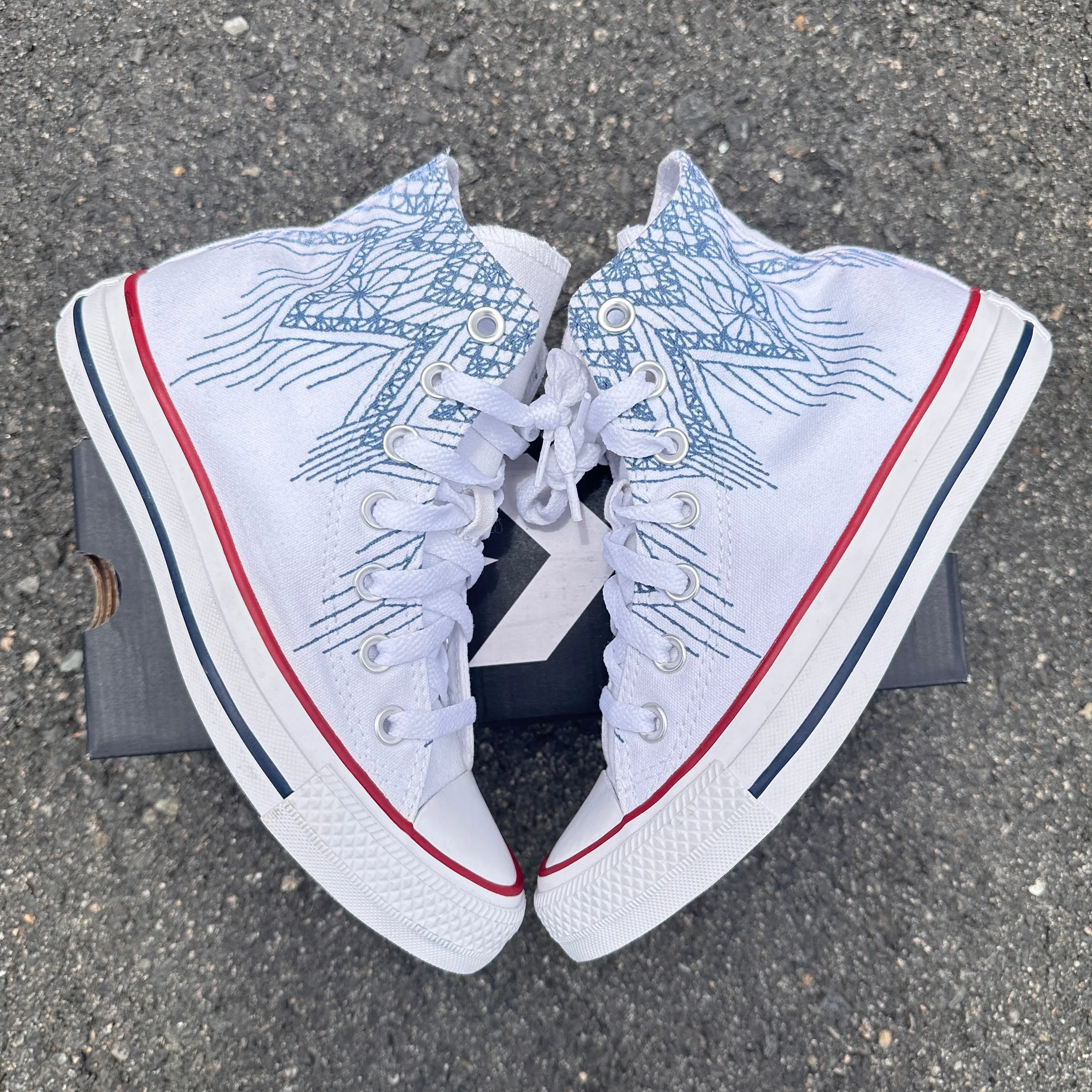 Blue Lace Pattern White High Tops - Casual Comfortable Wedding Shoes - Custom Converse Shoes