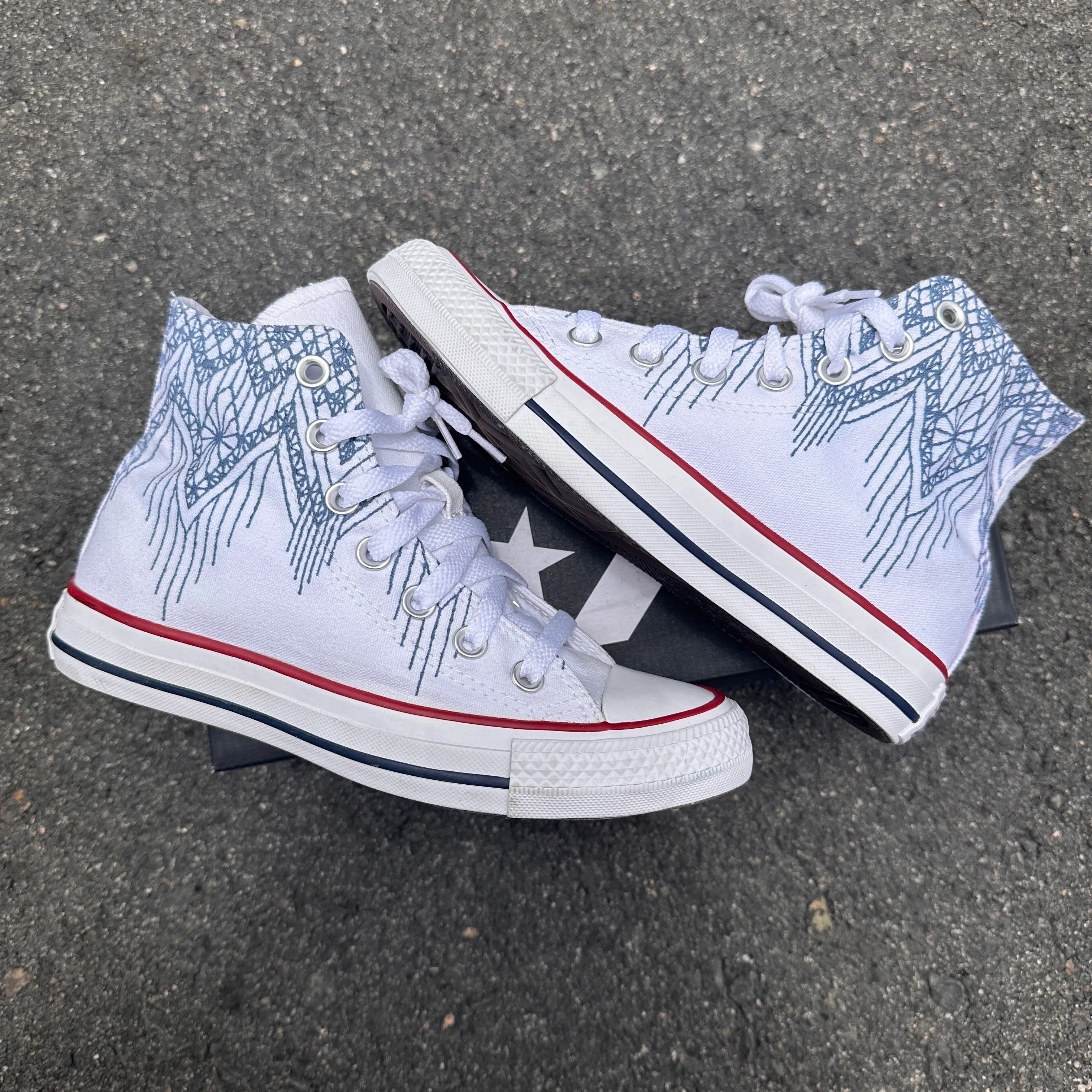 Blue Lace Pattern White High Tops - Casual Comfortable Wedding Shoes - Custom Converse Shoes