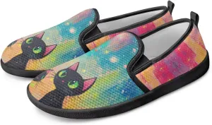 Cat Print Flat Shoes for Women Mesh Slip On Low Top Sneakers Fashion Breathable Casual Loafers for Work