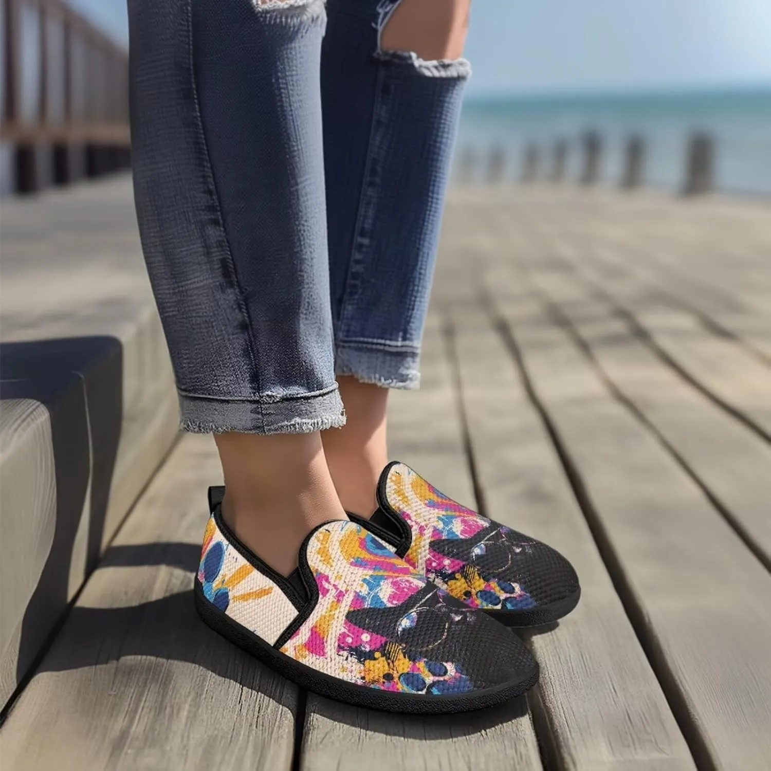 Cat Print Flat Shoes for Women Mesh Slip On Low Top Sneakers Fashion Breathable Casual Loafers for Work