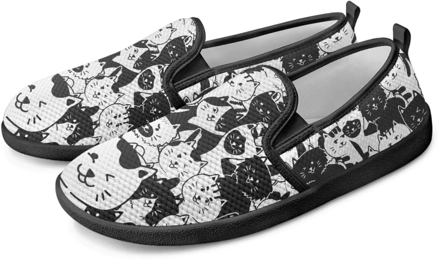Cat Print Flat Shoes for Women Mesh Slip On Low Top Sneakers Fashion Breathable Casual Loafers for Work