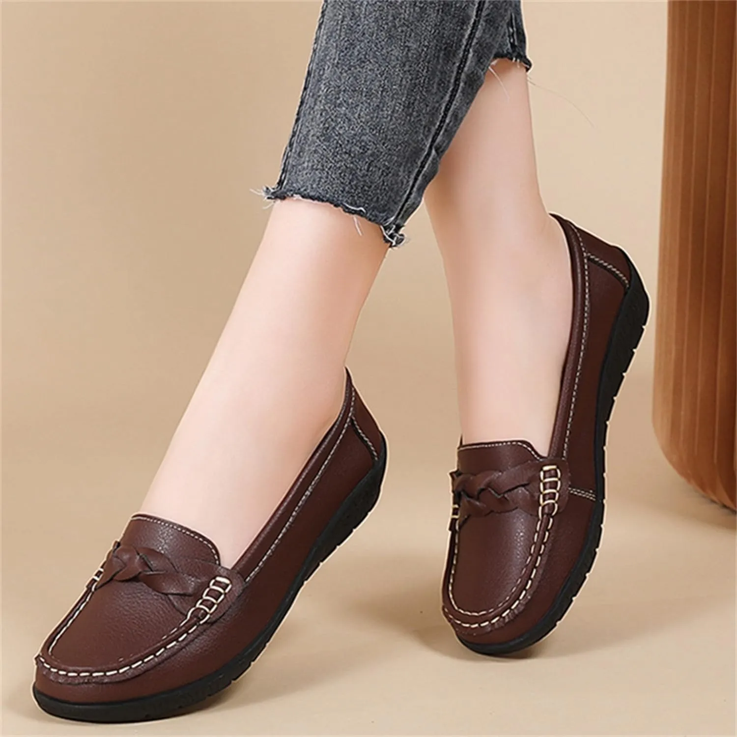 CHUUMEE Cowhide Leather Women's Flat Loafers Round Toe Minimalist Business Office Versatile Slip On Lightweight Casual Shoes