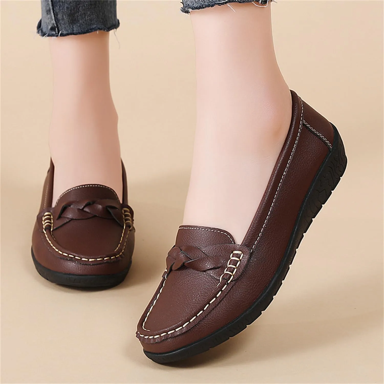 CHUUMEE Cowhide Leather Women's Flat Loafers Round Toe Minimalist Business Office Versatile Slip On Lightweight Casual Shoes