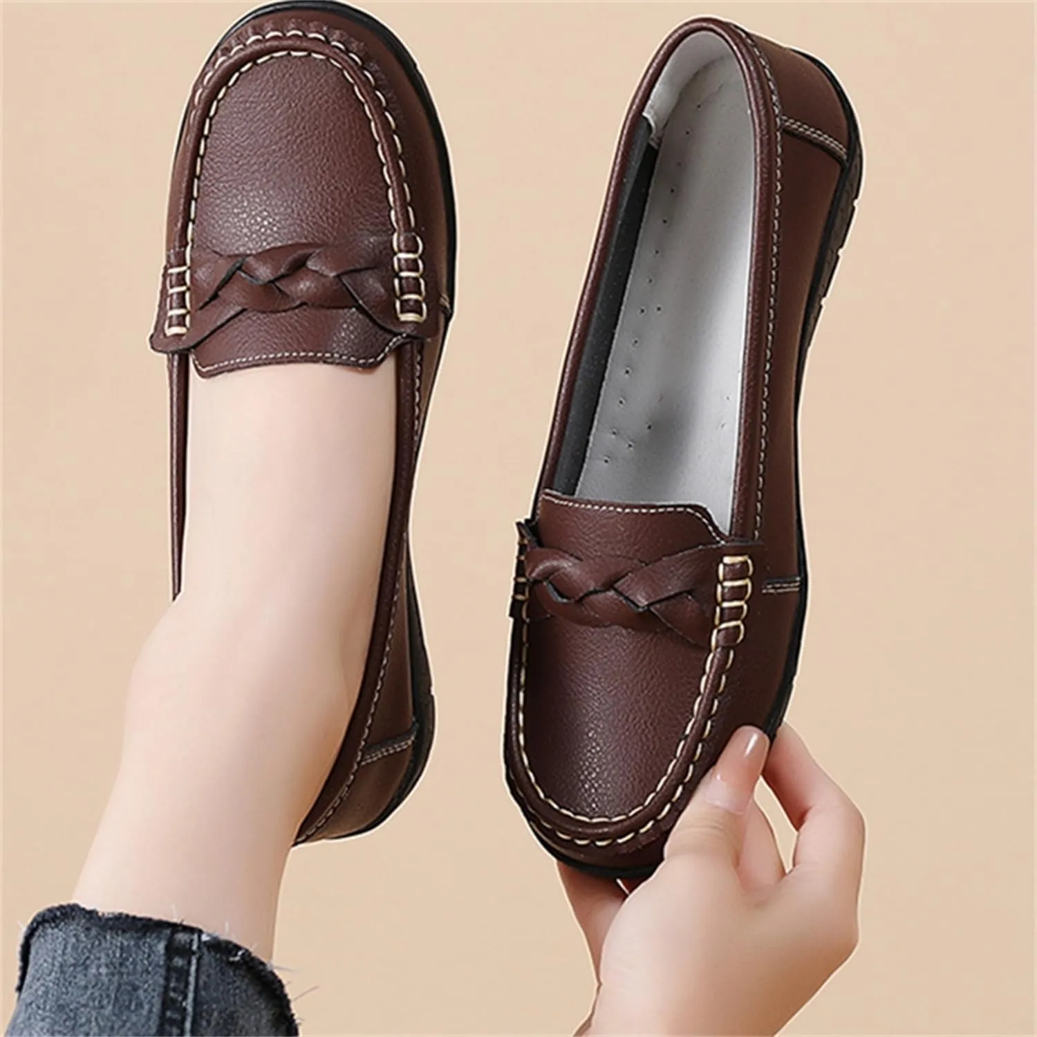 CHUUMEE Cowhide Leather Women's Flat Loafers Round Toe Minimalist Business Office Versatile Slip On Lightweight Casual Shoes