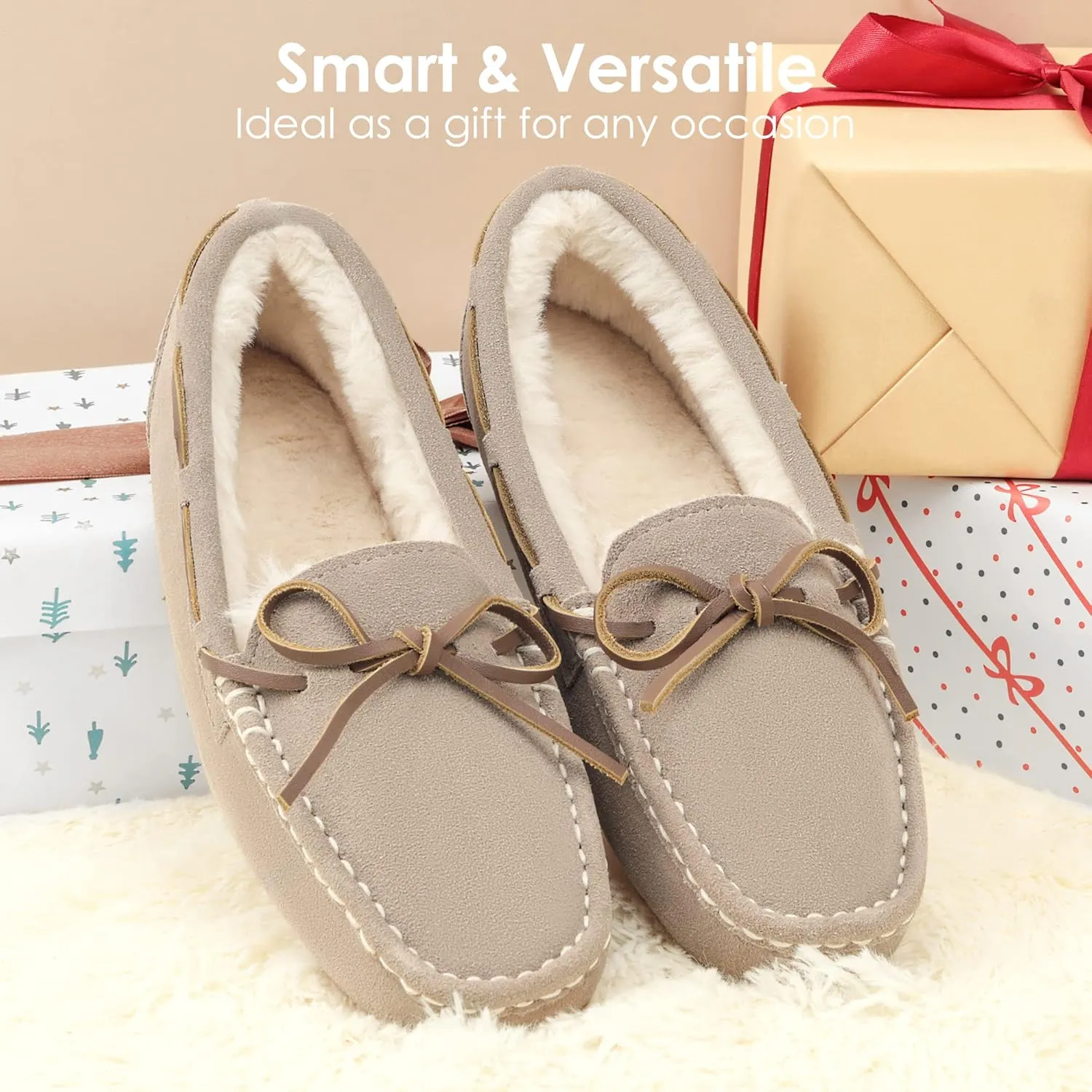 DREAM PAIRS Women's House Slippers Indoor Outdoor Moccasin Fuzzy Fluffy Furry Loafers Suede Leather Warm Shoes