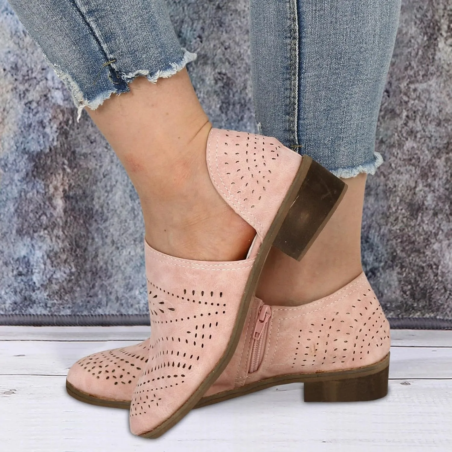 Fall Boots Womens Suede Ankle Boots Low Chunky Stacked Heel Comfy Almond Toe Casual Side V-Cut Slip On Short Boots