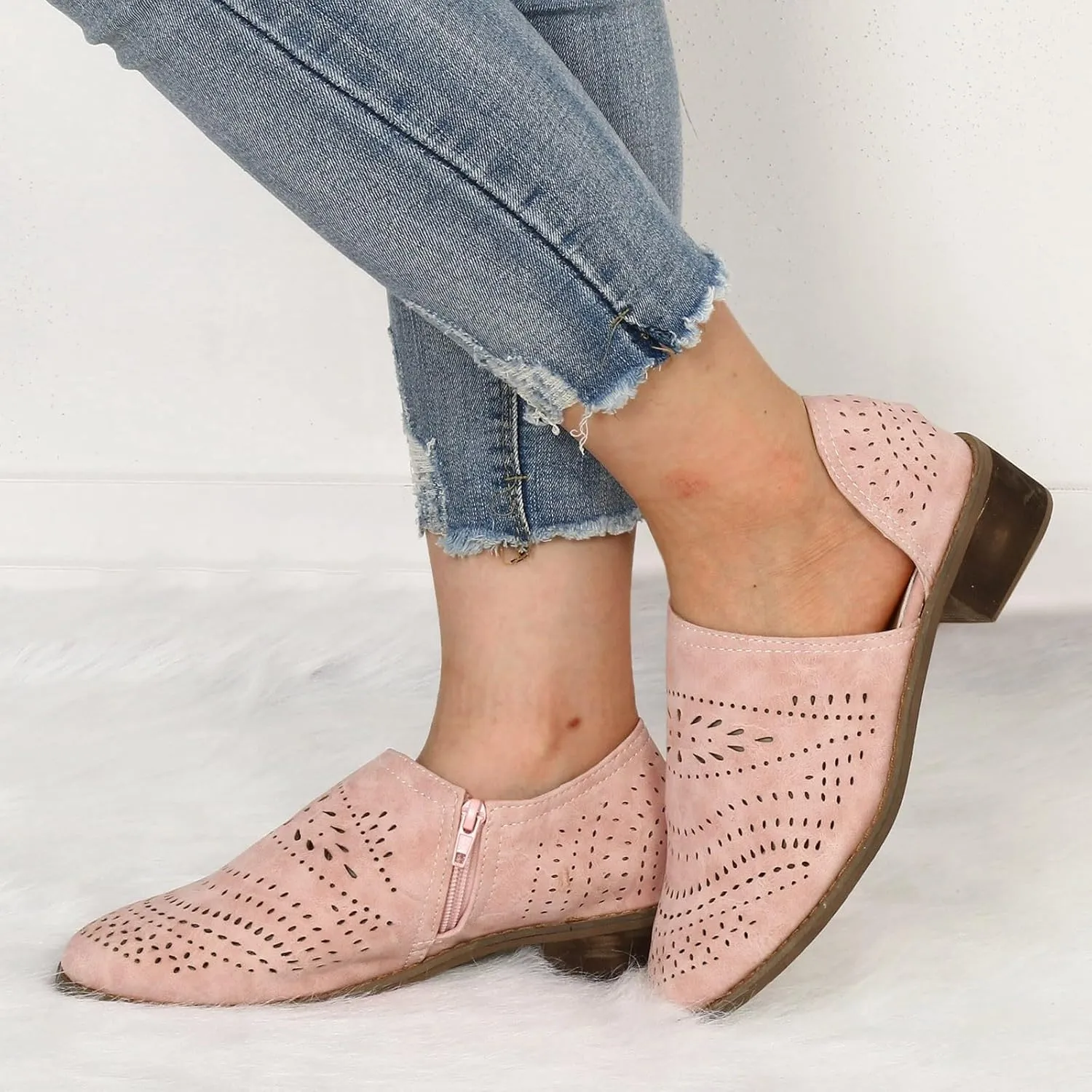 Fall Boots Womens Suede Ankle Boots Low Chunky Stacked Heel Comfy Almond Toe Casual Side V-Cut Slip On Short Boots