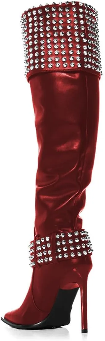 FSJ Women Stiletto High Heel Thigh High Boots Studded Rivet Pointed Toe Pull On Over the Knee Boots Versatile Party Dress Shoes Size 4-16 US