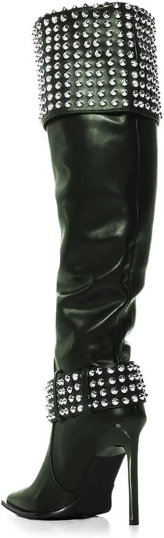 FSJ Women Stiletto High Heel Thigh High Boots Studded Rivet Pointed Toe Pull On Over the Knee Boots Versatile Party Dress Shoes Size 4-16 US