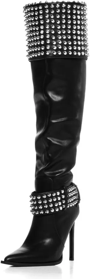 FSJ Women Stiletto High Heel Thigh High Boots Studded Rivet Pointed Toe Pull On Over the Knee Boots Versatile Party Dress Shoes Size 4-16 US