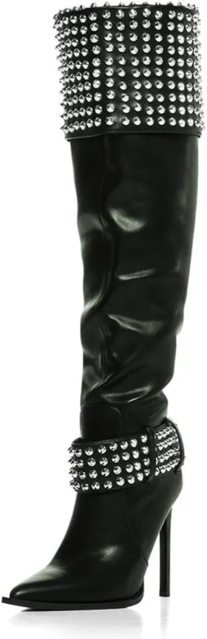 FSJ Women Stiletto High Heel Thigh High Boots Studded Rivet Pointed Toe Pull On Over the Knee Boots Versatile Party Dress Shoes Size 4-16 US