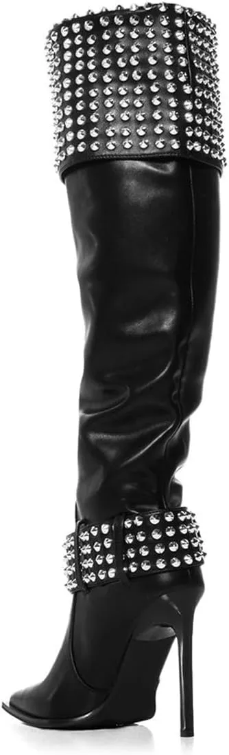 FSJ Women Stiletto High Heel Thigh High Boots Studded Rivet Pointed Toe Pull On Over the Knee Boots Versatile Party Dress Shoes Size 4-16 US