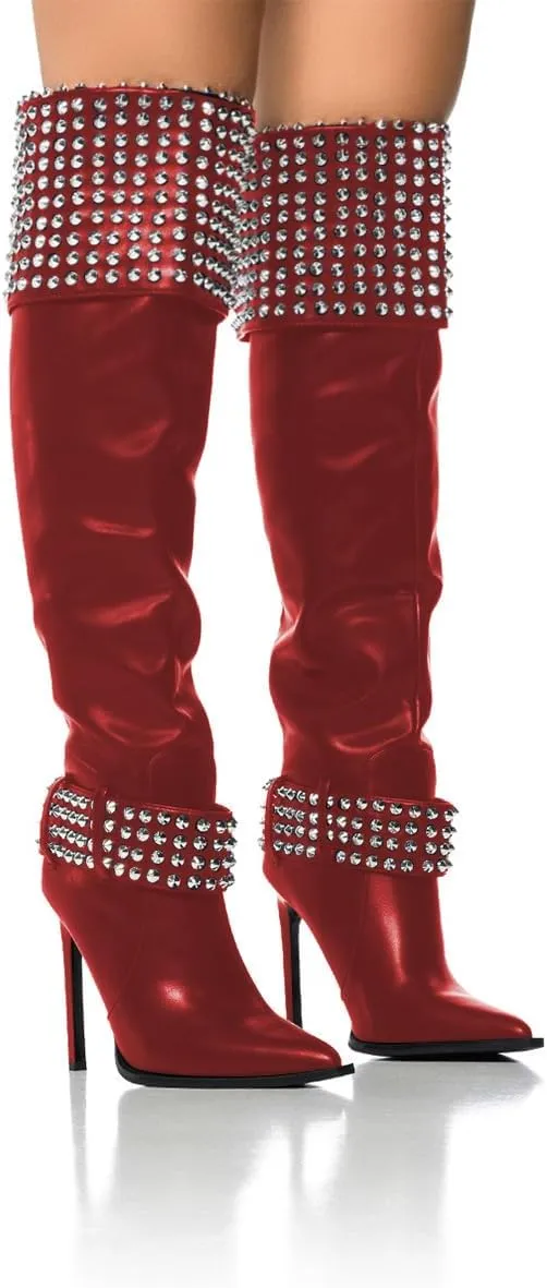 FSJ Women Stiletto High Heel Thigh High Boots Studded Rivet Pointed Toe Pull On Over the Knee Boots Versatile Party Dress Shoes Size 4-16 US