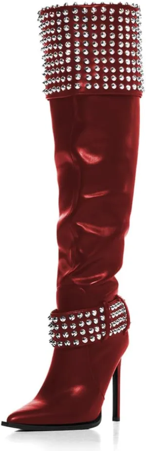 FSJ Women Stiletto High Heel Thigh High Boots Studded Rivet Pointed Toe Pull On Over the Knee Boots Versatile Party Dress Shoes Size 4-16 US