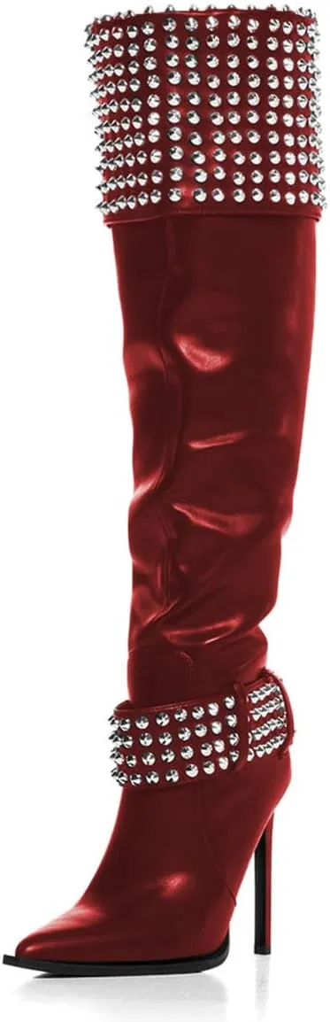 FSJ Women Stiletto High Heel Thigh High Boots Studded Rivet Pointed Toe Pull On Over the Knee Boots Versatile Party Dress Shoes Size 4-16 US