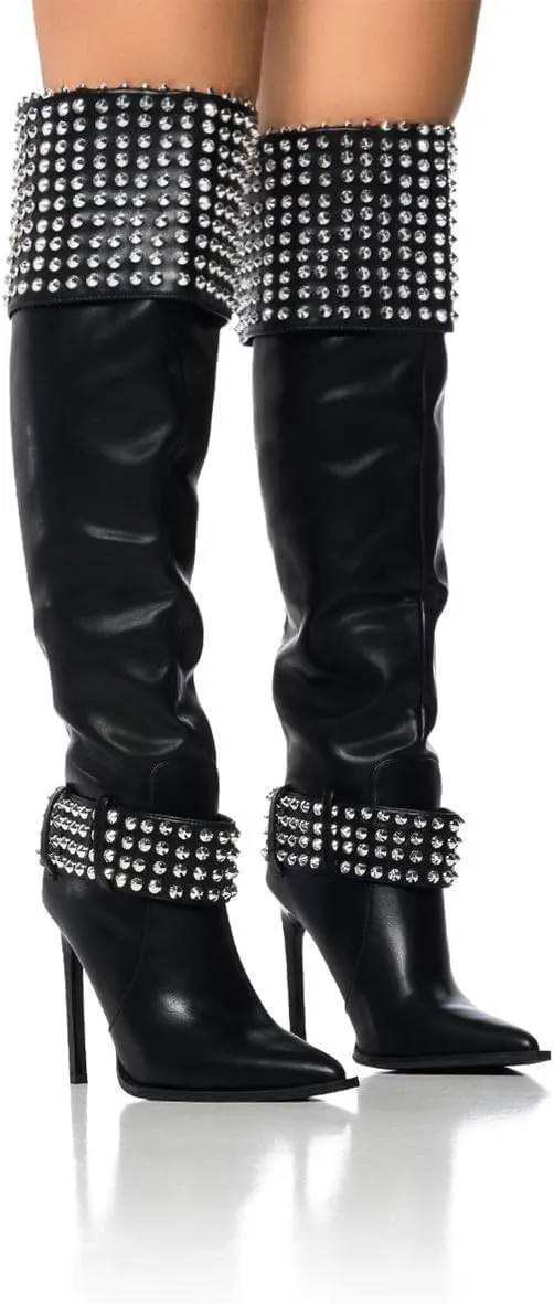 FSJ Women Stiletto High Heel Thigh High Boots Studded Rivet Pointed Toe Pull On Over the Knee Boots Versatile Party Dress Shoes Size 4-16 US