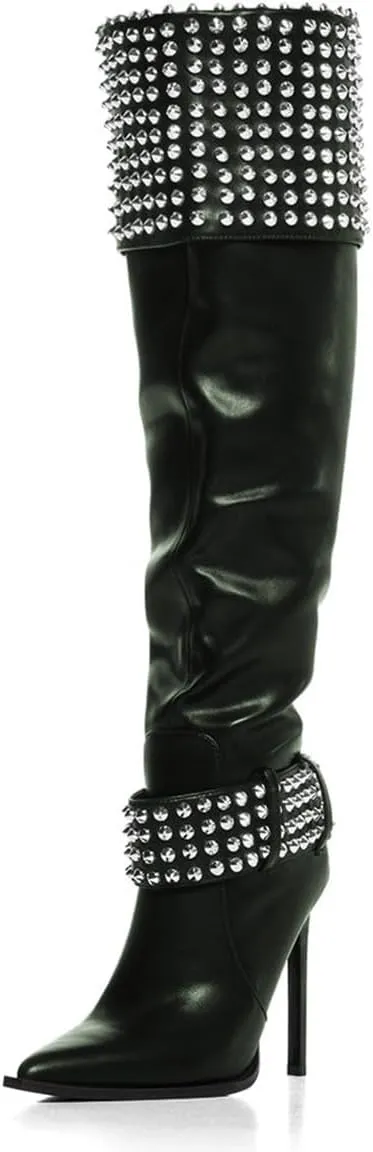 FSJ Women Stiletto High Heel Thigh High Boots Studded Rivet Pointed Toe Pull On Over the Knee Boots Versatile Party Dress Shoes Size 4-16 US