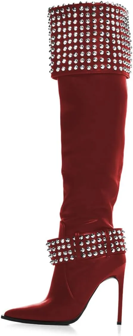 FSJ Women Stiletto High Heel Thigh High Boots Studded Rivet Pointed Toe Pull On Over the Knee Boots Versatile Party Dress Shoes Size 4-16 US