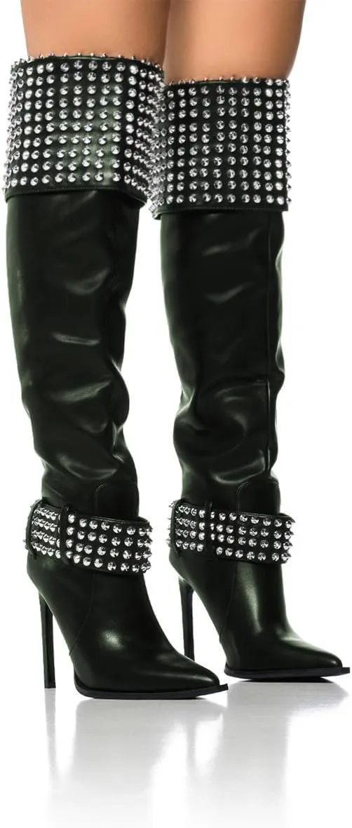 FSJ Women Stiletto High Heel Thigh High Boots Studded Rivet Pointed Toe Pull On Over the Knee Boots Versatile Party Dress Shoes Size 4-16 US