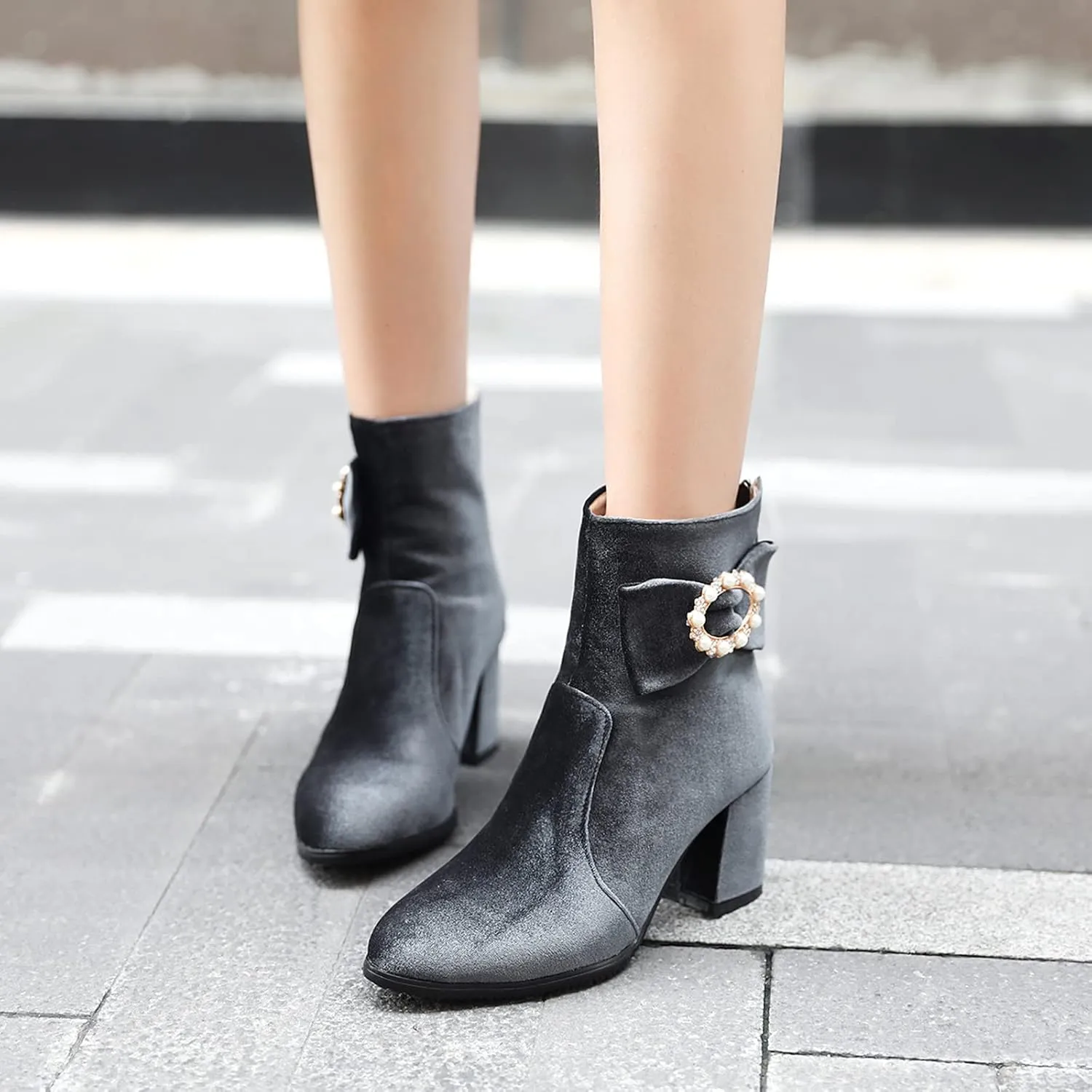 Gicoiz Women Round Toe Block Heels Winter Chelsea Boots