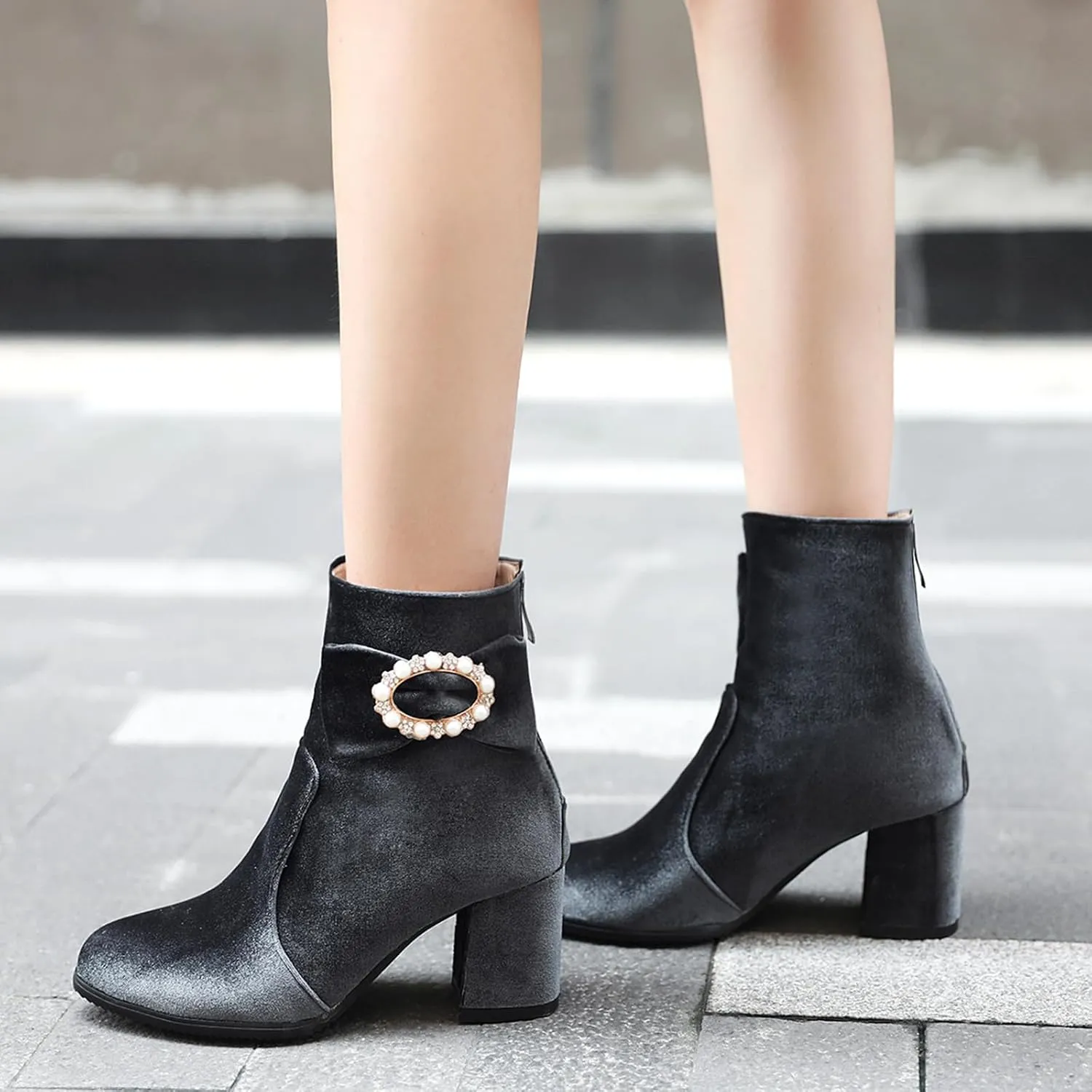 Gicoiz Women Round Toe Block Heels Winter Chelsea Boots