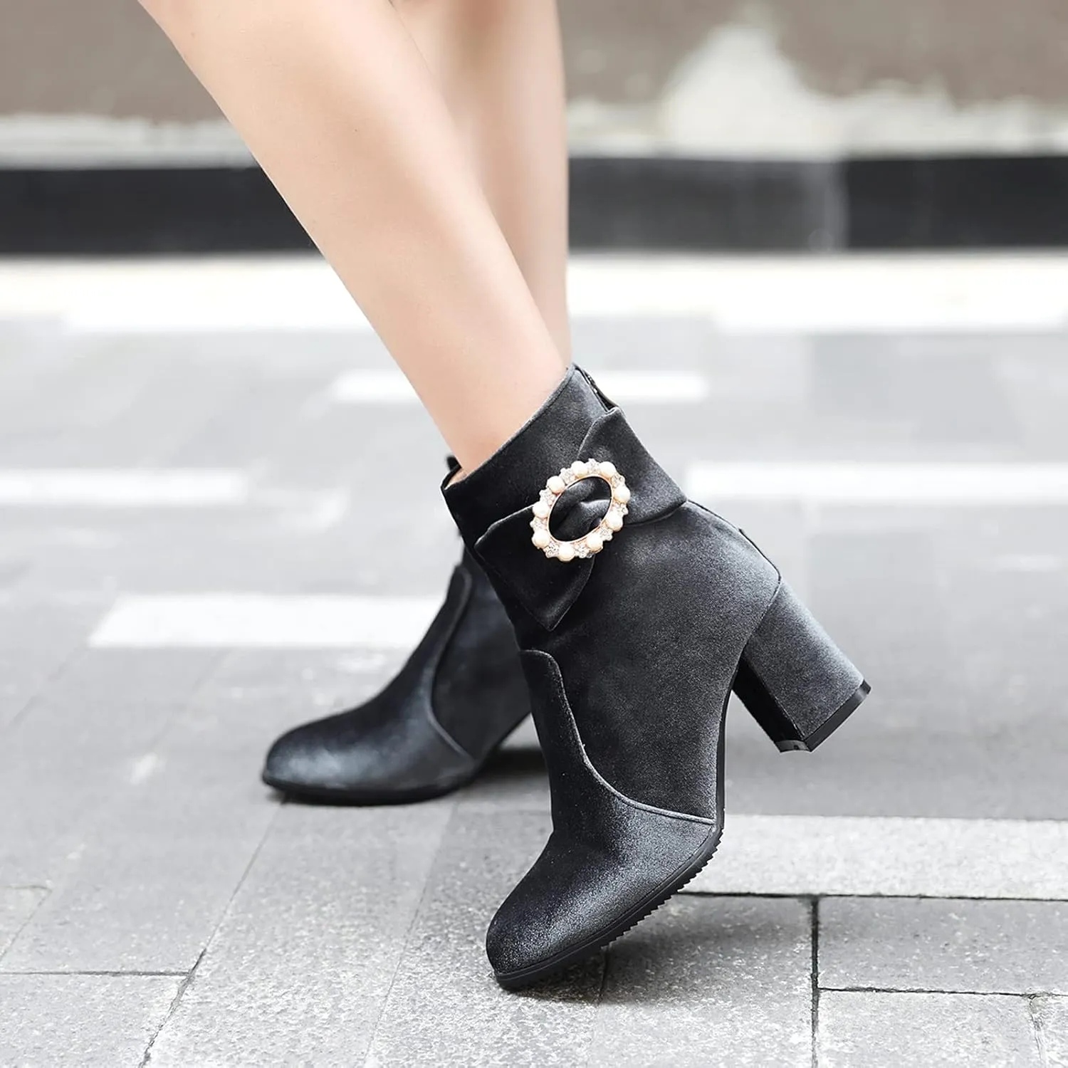 Gicoiz Women Round Toe Block Heels Winter Chelsea Boots