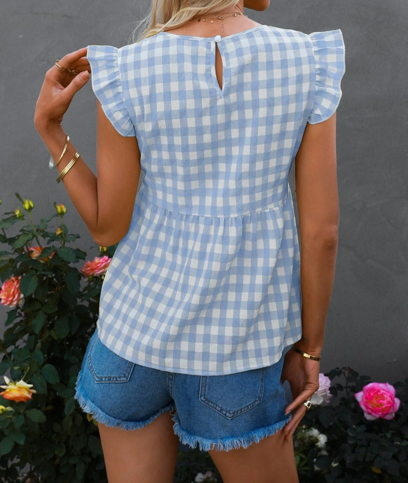 Gingham Print Keyhole Back Blouse