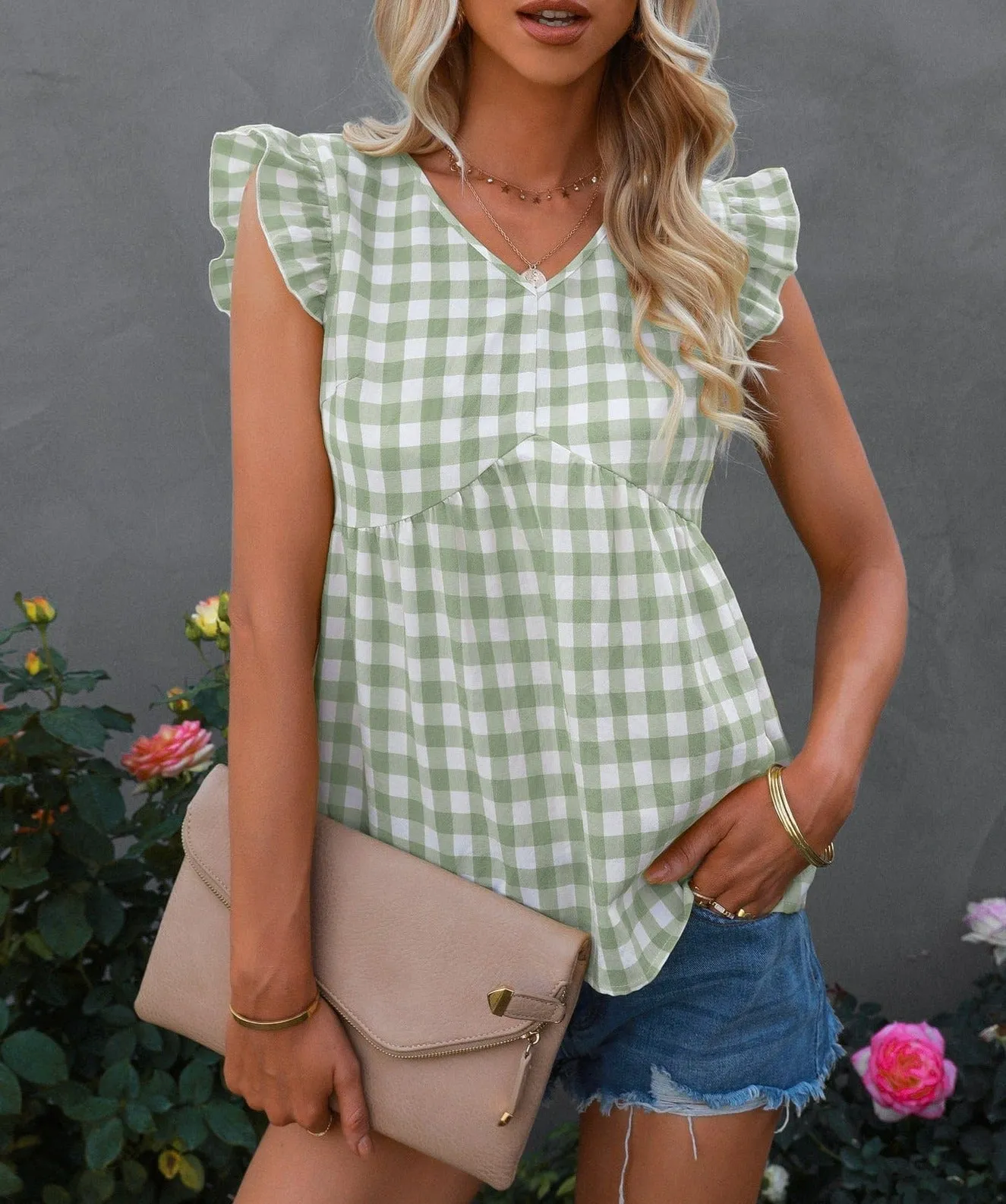 Gingham Print Keyhole Back Blouse