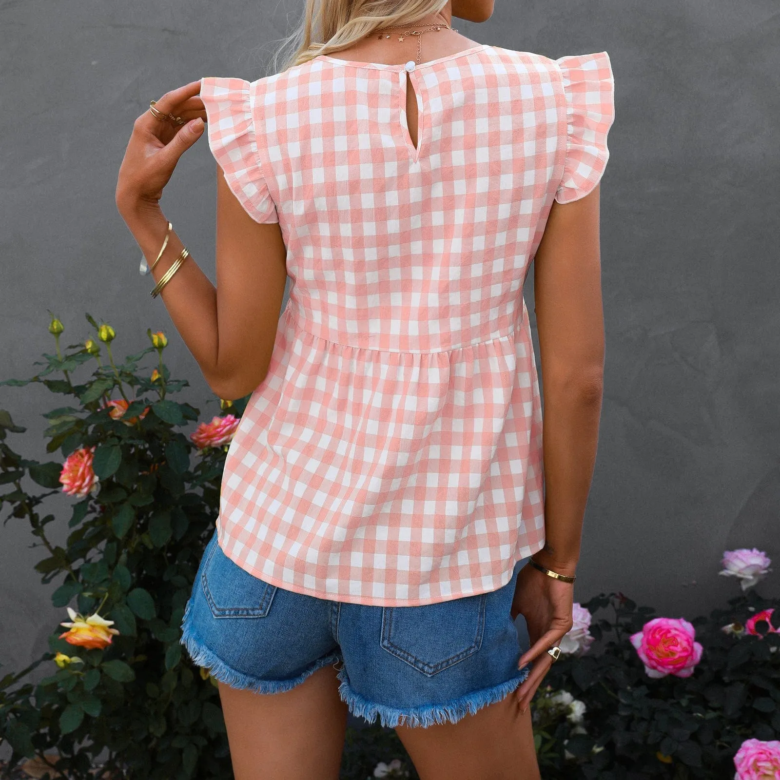 Gingham Print Keyhole Back Blouse