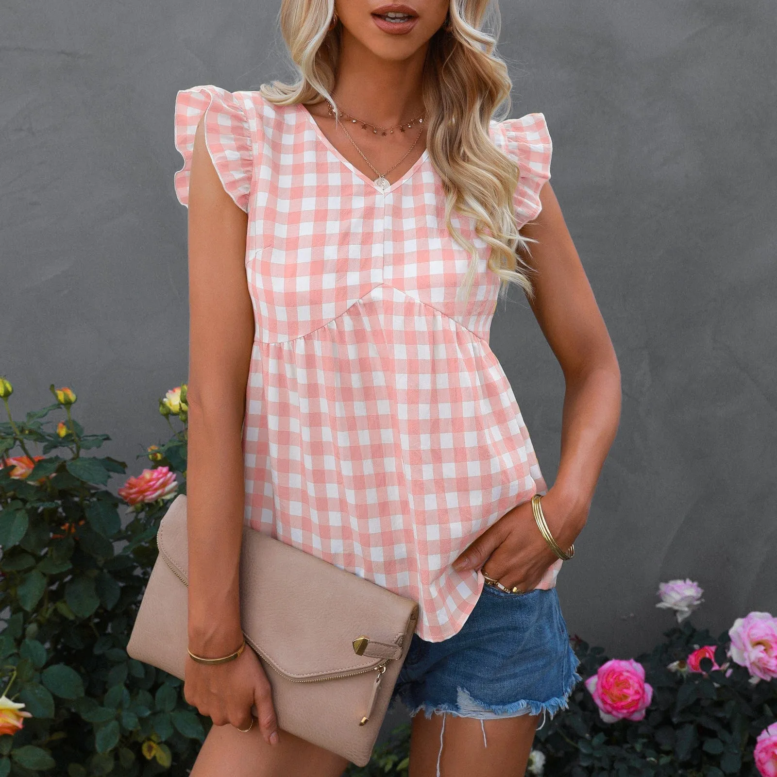 Gingham Print Keyhole Back Blouse