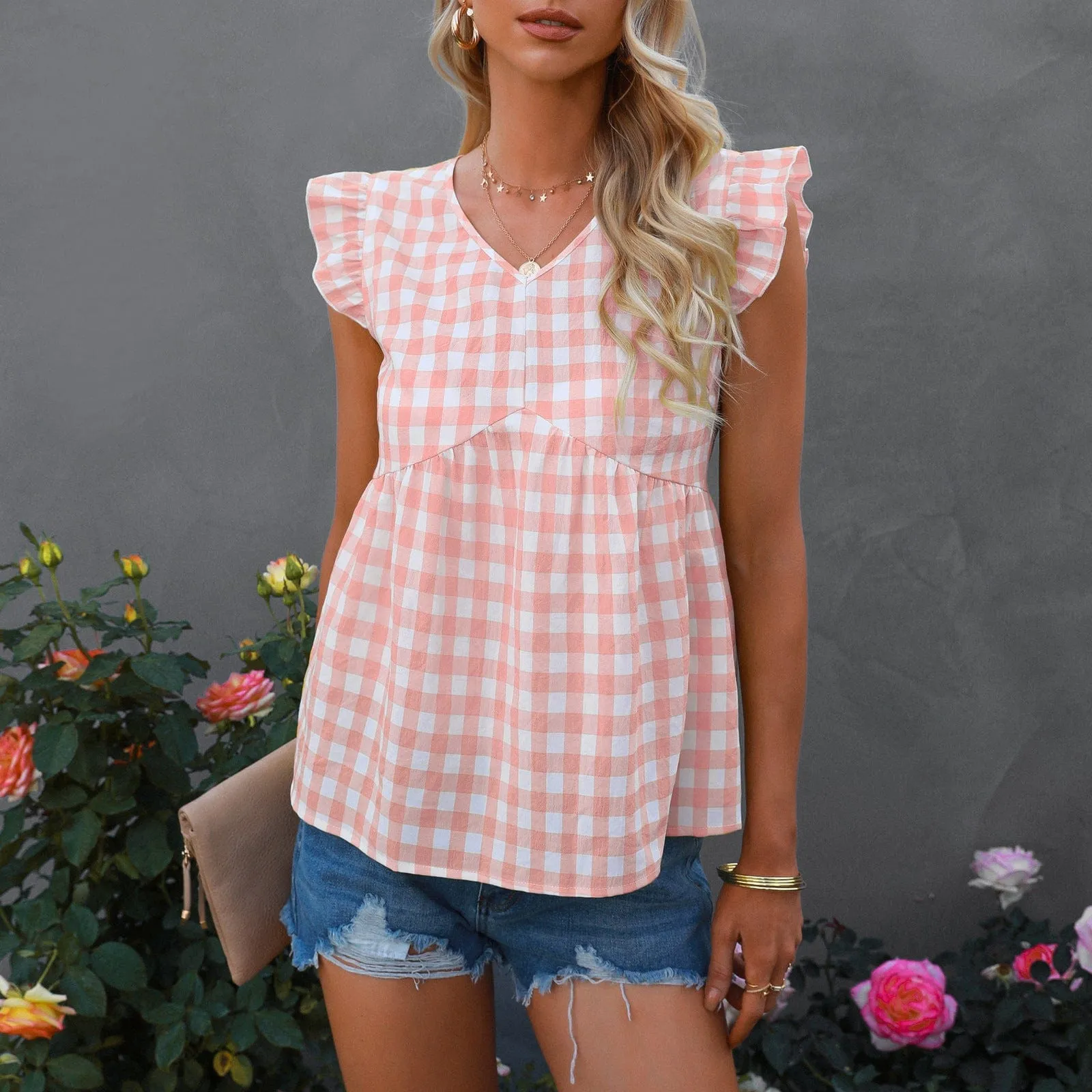 Gingham Print Keyhole Back Blouse