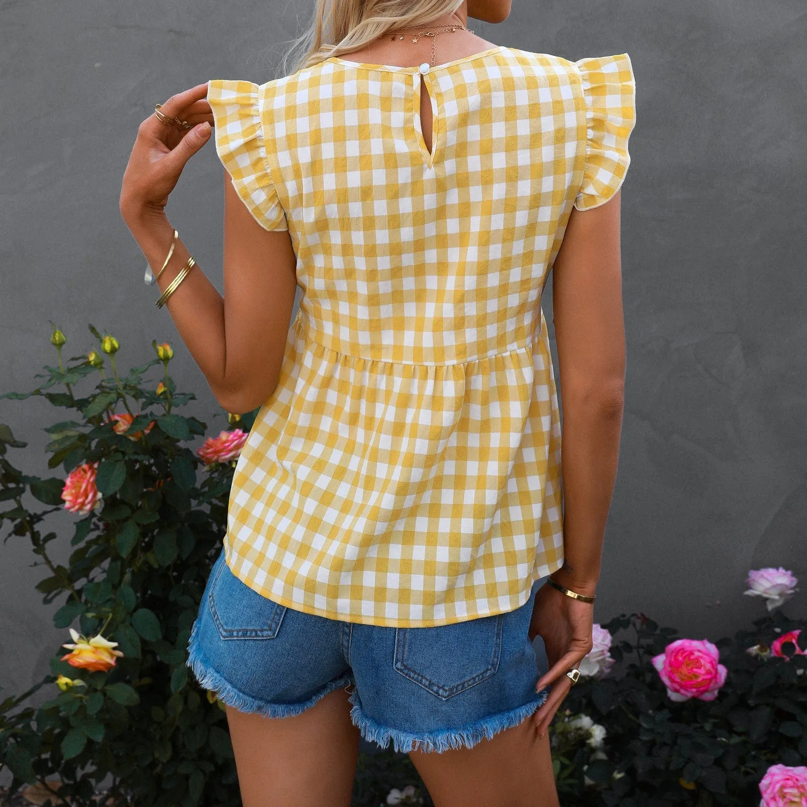 Gingham Print Keyhole Back Blouse