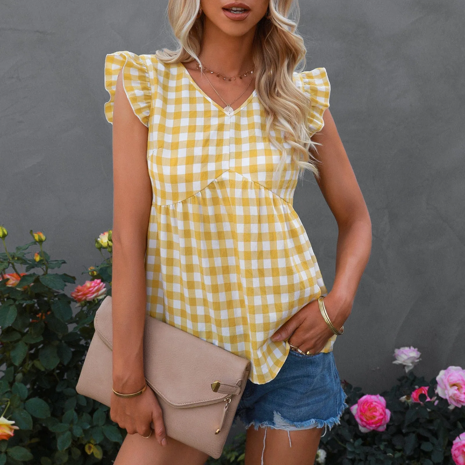 Gingham Print Keyhole Back Blouse