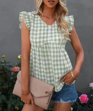 Gingham Print Keyhole Back Blouse