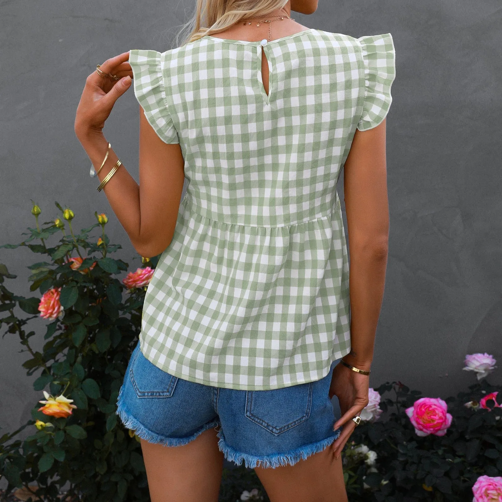 Gingham Print Keyhole Back Blouse