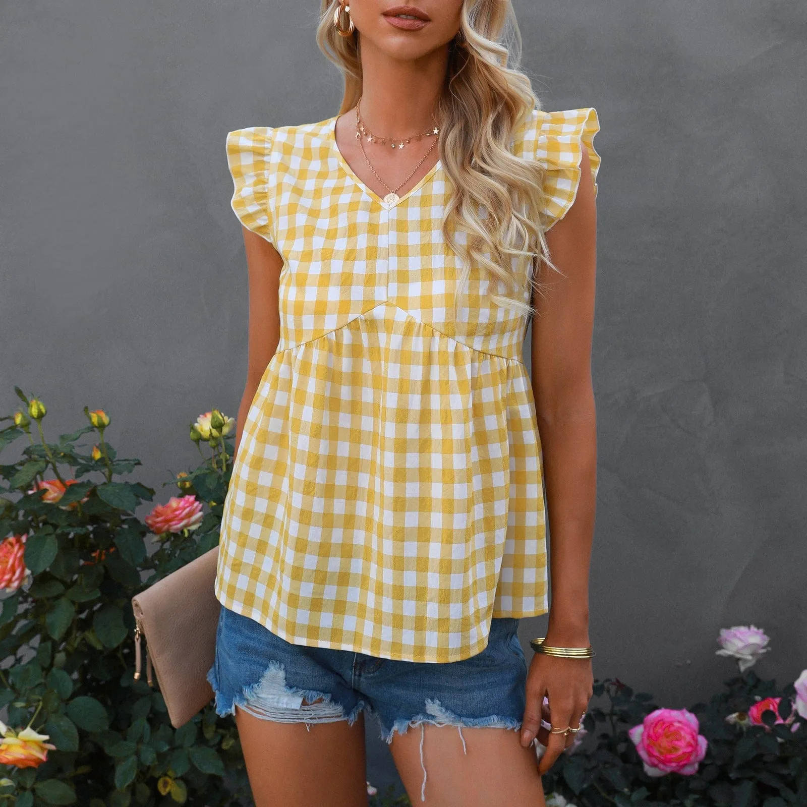 Gingham Print Keyhole Back Blouse