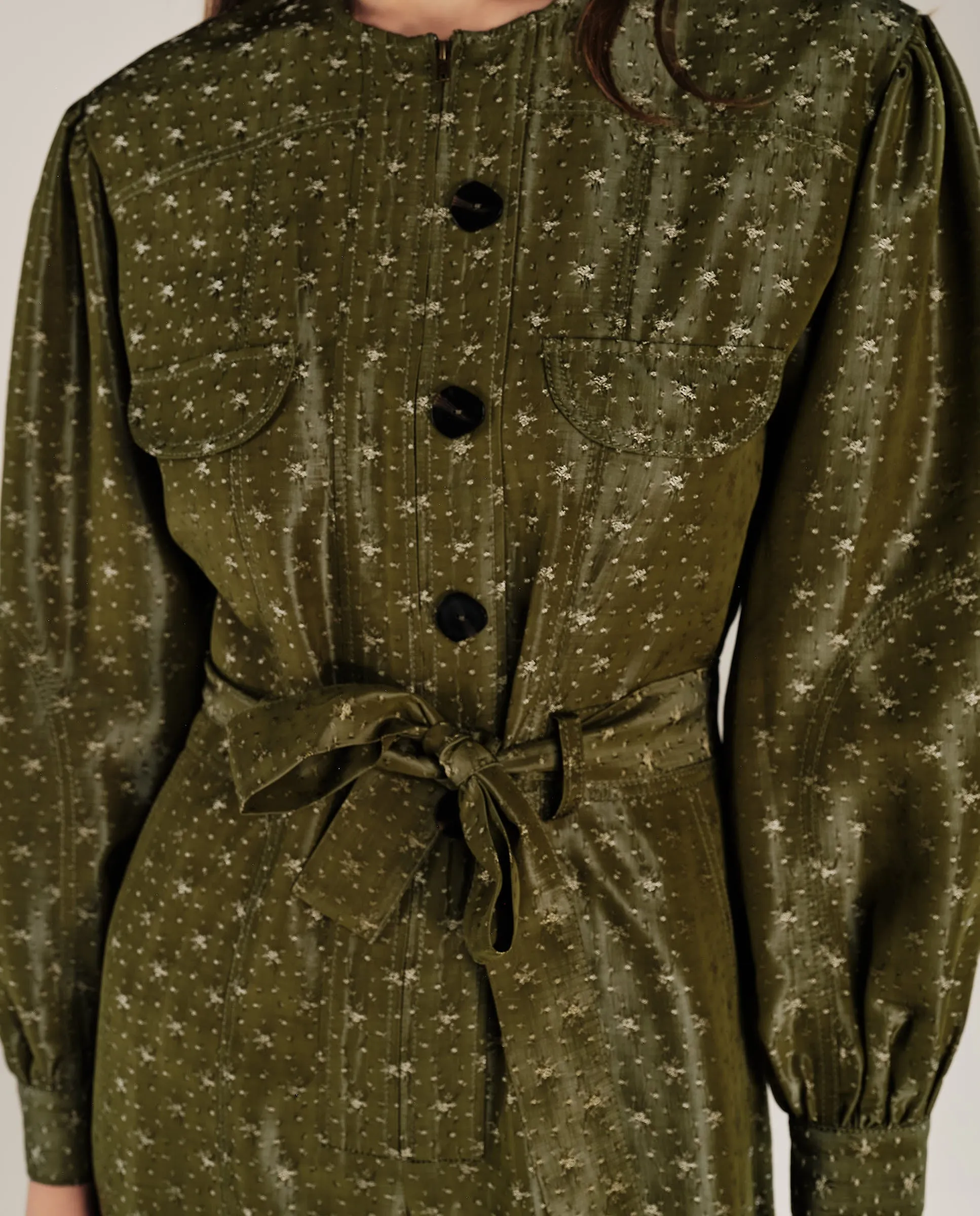 HAMA | Green & Gold Flower Jacquard Satin Jumpsuit