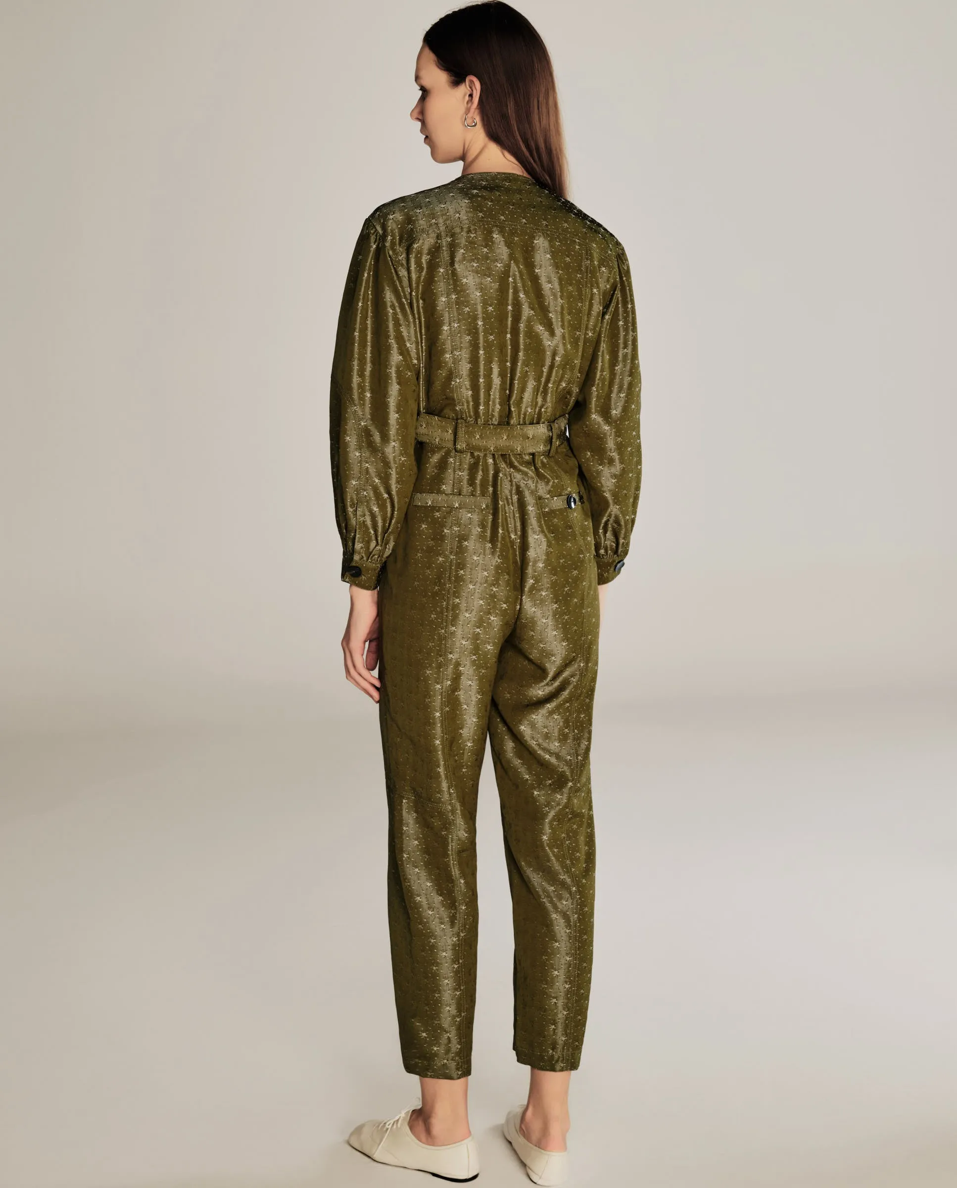 HAMA | Green & Gold Flower Jacquard Satin Jumpsuit