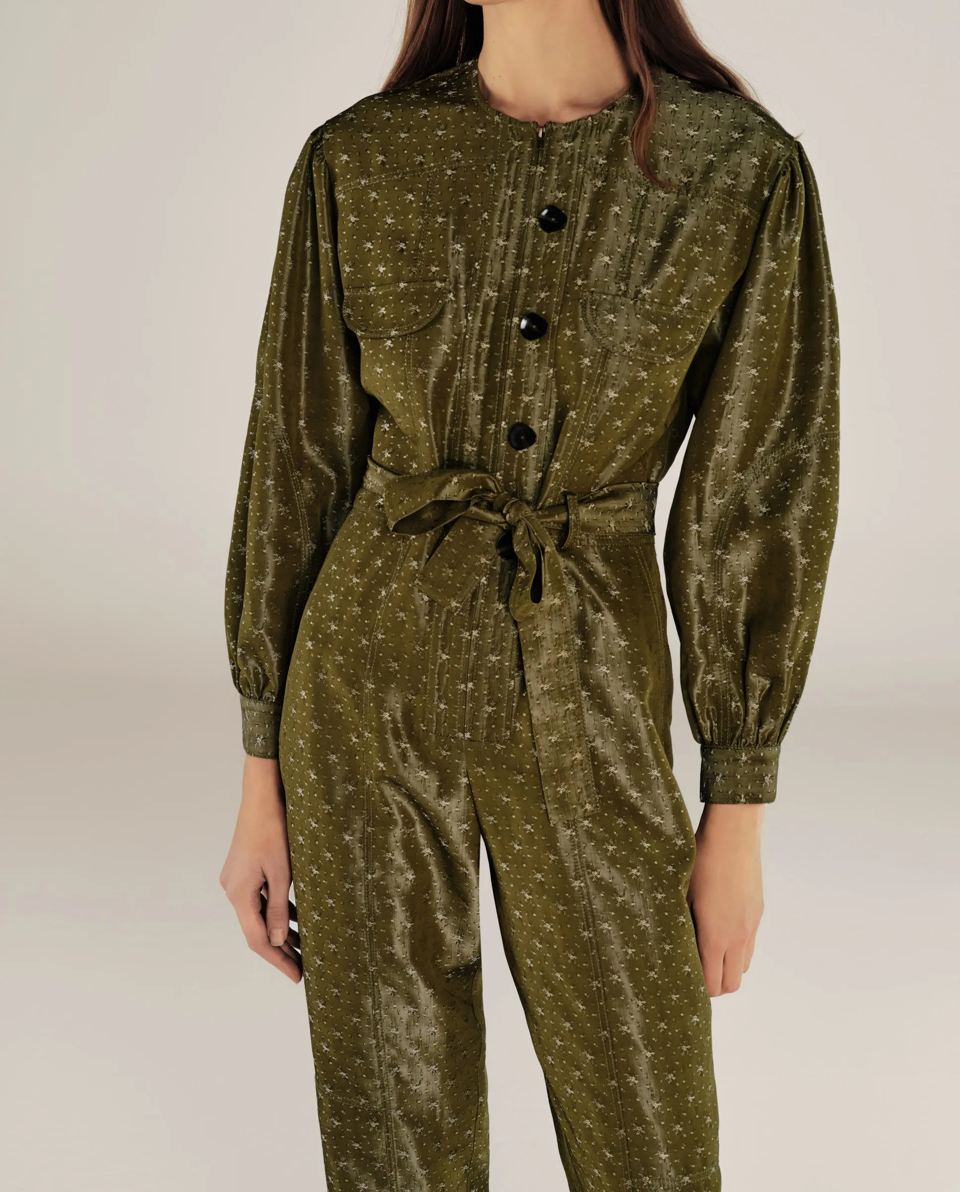 HAMA | Green & Gold Flower Jacquard Satin Jumpsuit