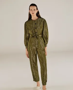 HAMA | Green & Gold Flower Jacquard Satin Jumpsuit