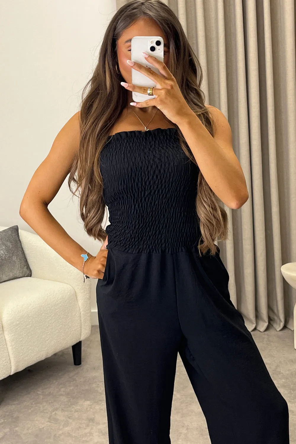 Jules Black Shirred Bandeau Wide Leg Jumpsuit